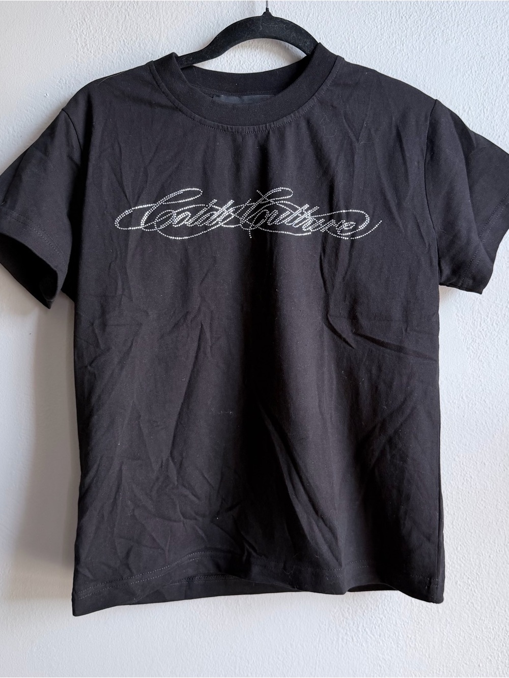 Y2K Black Cold Culture T-shirt with white cursive text graphic #skater